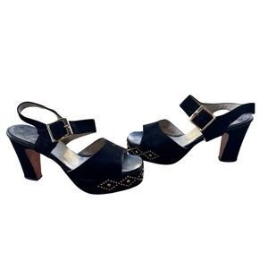Frank More Vintage Black Suede Studded‎ Platform Block Heel Sandals Womens